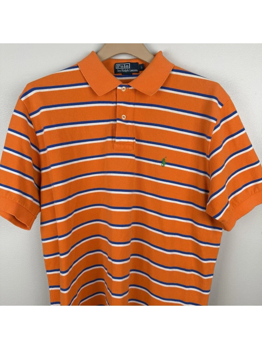Polo Ralph Lauren Shirt Mens Large Orange Blue White Striped Short Sleeve Vtg L